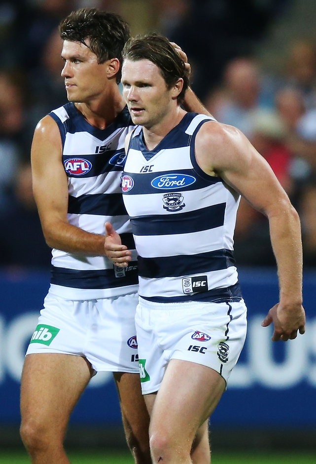AFL 2016 NAB Challenge - Geelong v Collingwood Andrew Mackie welcomes Patrick Dangerfield to Simonds Stadium - ${keywords}